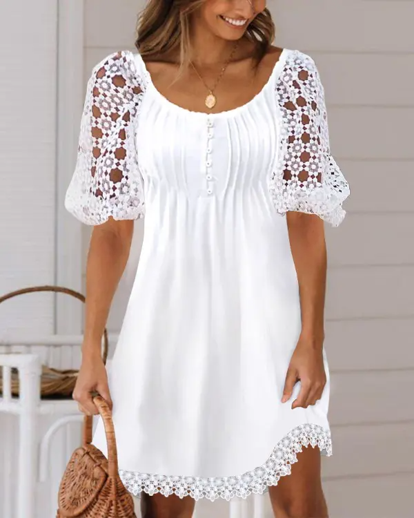 Elegant V-neck Lace Short-sleeved Dress