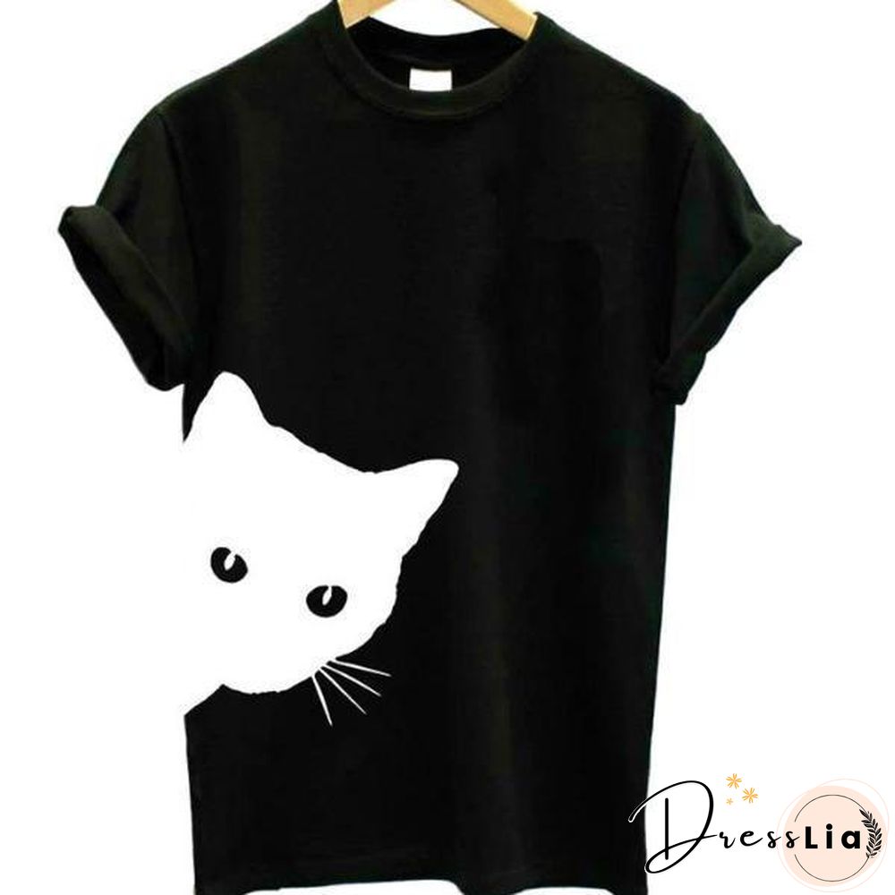 Cat Looking Print Women T-Shirt Cotton Casual Top Tee
