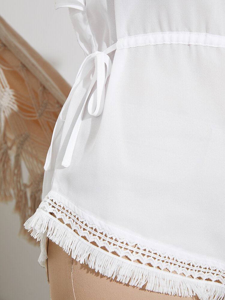 Casual Ruffle Sleeve Knotted Tassel Blouse for Women P1841540