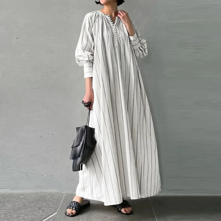 Cotton and Linen Striped Round Neck Long-sleeved Simple Loose Dress