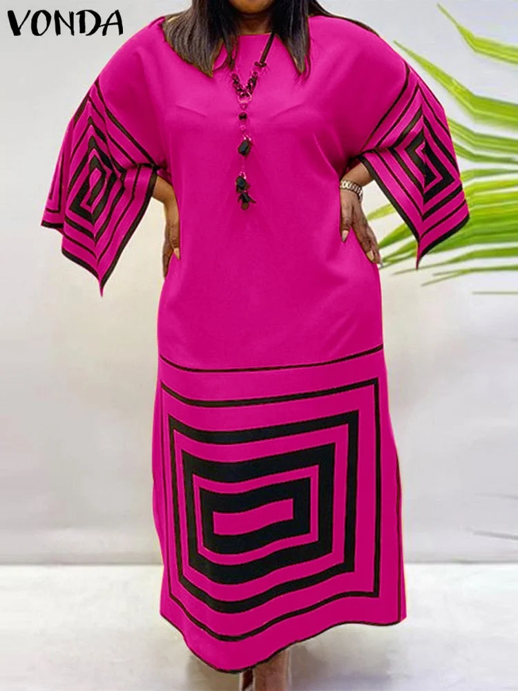 VONDA Women Bohemian Dress 2022 Casual Loose 3/4 Sleeve Holiday Dress Female Vintage Printed Party Vestidos Oversized Robe Femme