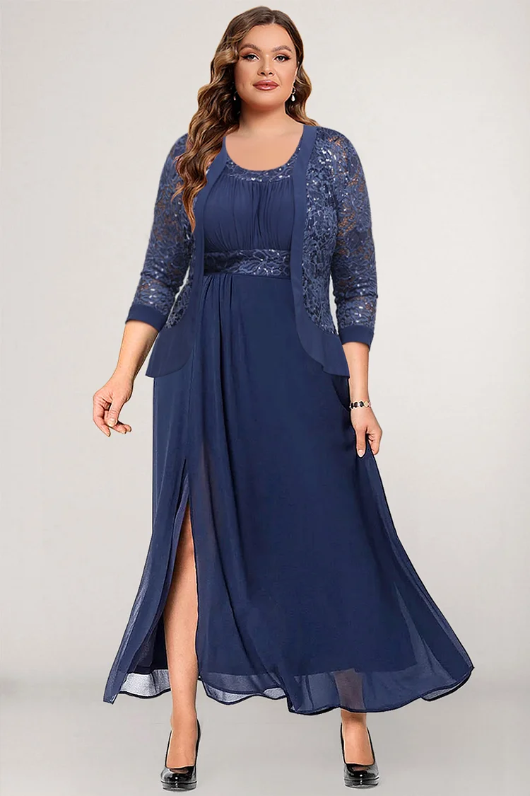 Flycurvy Plus Size Mother Of The Bride Navy Blue Chiffon Lace Split Tunic Two Pieces Tea-Length Dress With Jacket