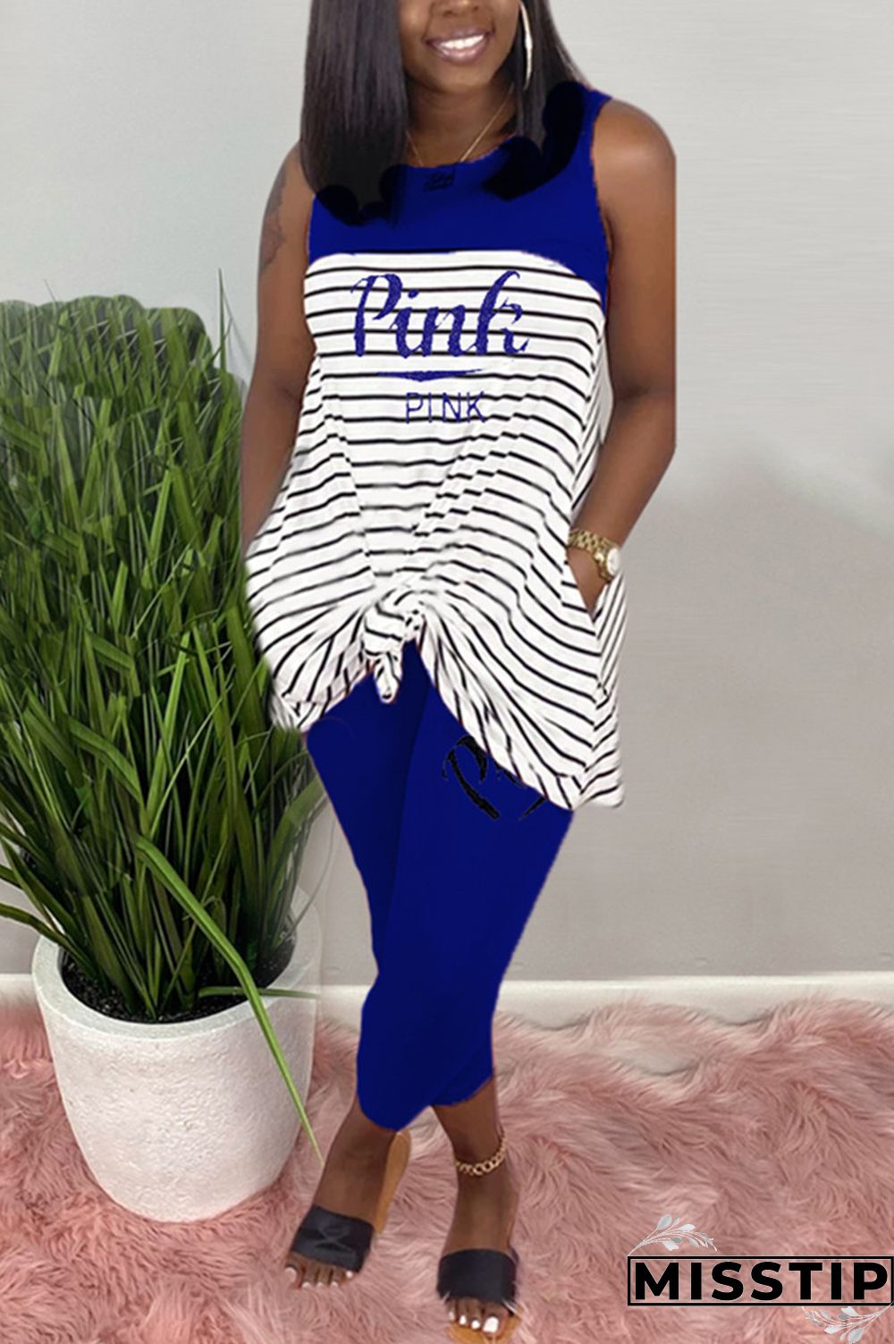 Pink Fashion Casual Striped Letters Printing Sleeveless Set