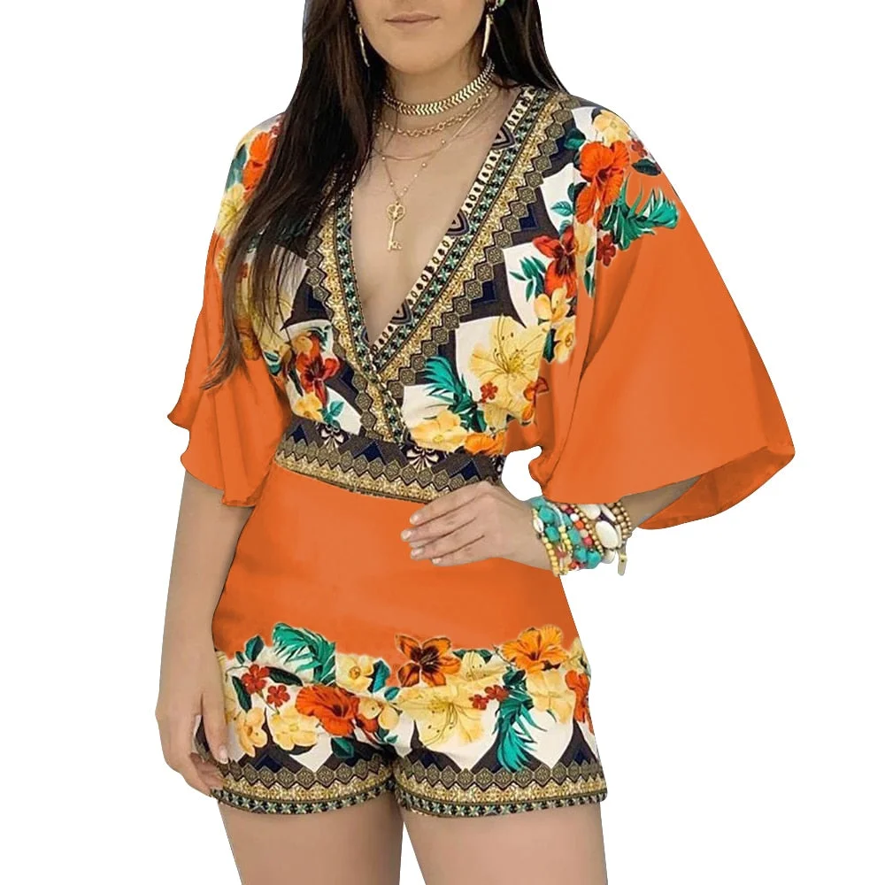 Women's Jumpsuit Casual Summer Floral Printed Playsuit 2021 Women Rompers 3/4 Sleeve Backless loose Playsuit Women Clothes D30