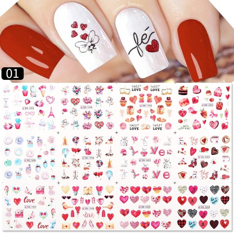 12pcs Valentines Love Letter Water Decals Flower Sliders Nail Stickers for Manicure Nail Art Decoration Transfer Water Sticker