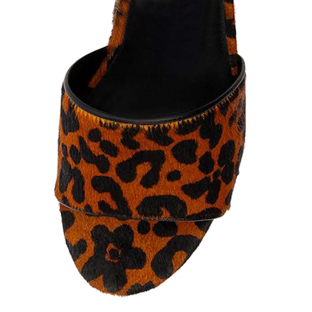 Leopard Print Open Round Toe Chunky Heel Slides with Platform