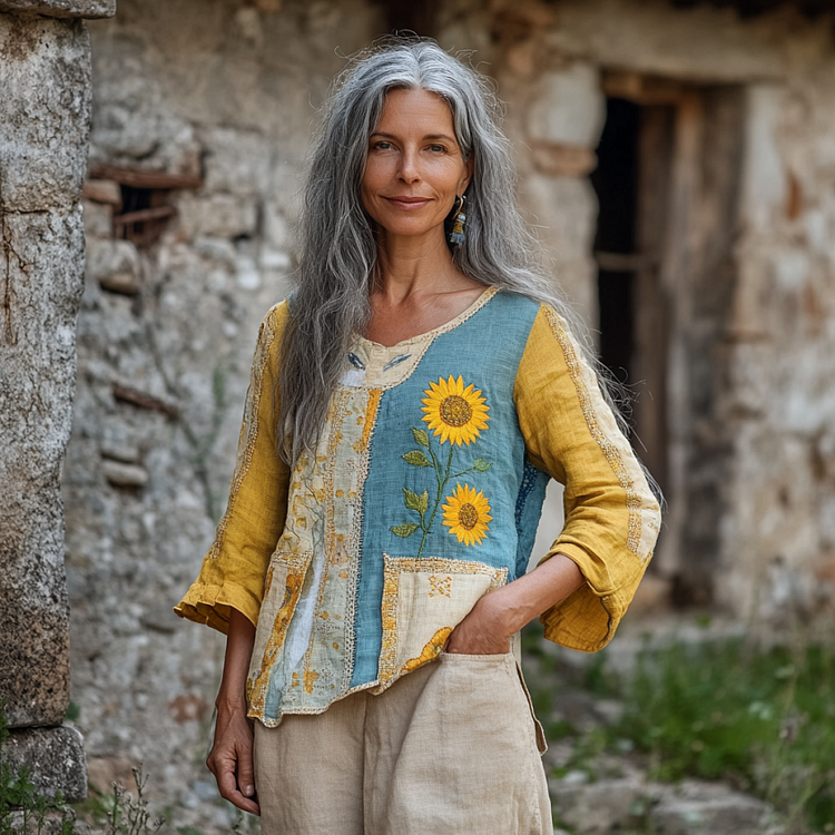 Retro Bohemian Art Patchwork Ukraine Sunflower Print Cotton And Linen Blend Loose Blouse