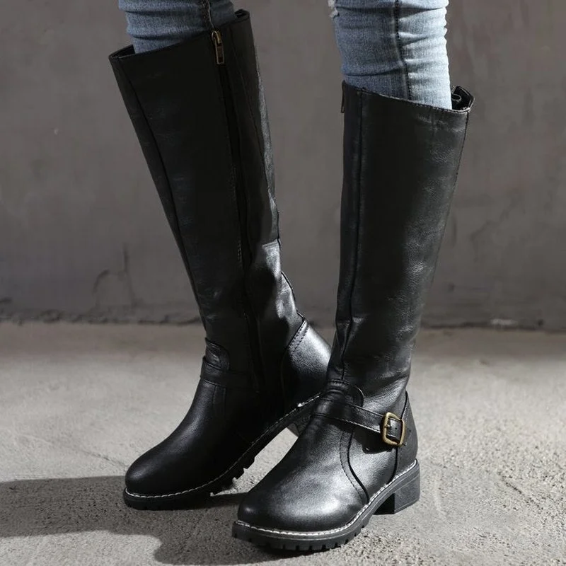 Autumn and winter new style round toe flat mid-length boots fashion slimming under-knee boots with belt buckle women's boots