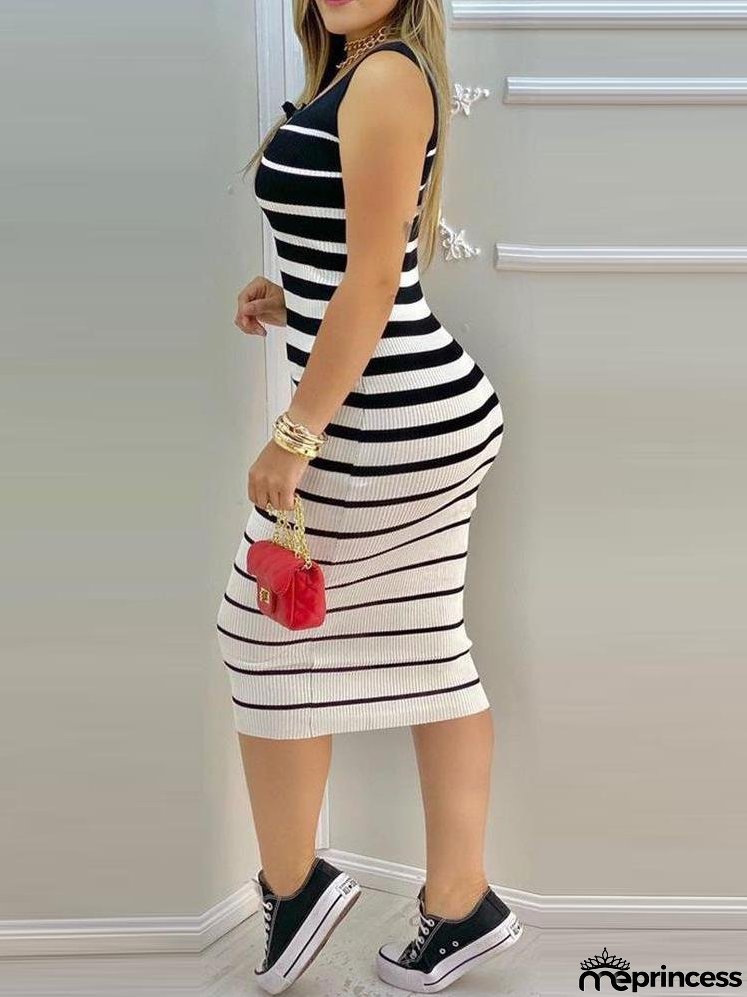 Striped Print Colorblock Eyelet Lace Up Sleeveless Bodycon Dress for Women