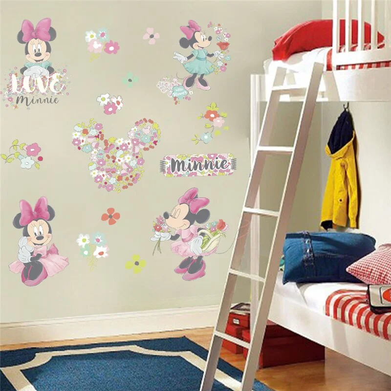 Lovely Minie Mouse With Flowers Wall Stickers For Girls Room Party Decoration Posters Cartoon Wall Mural Art Diy Home Decals