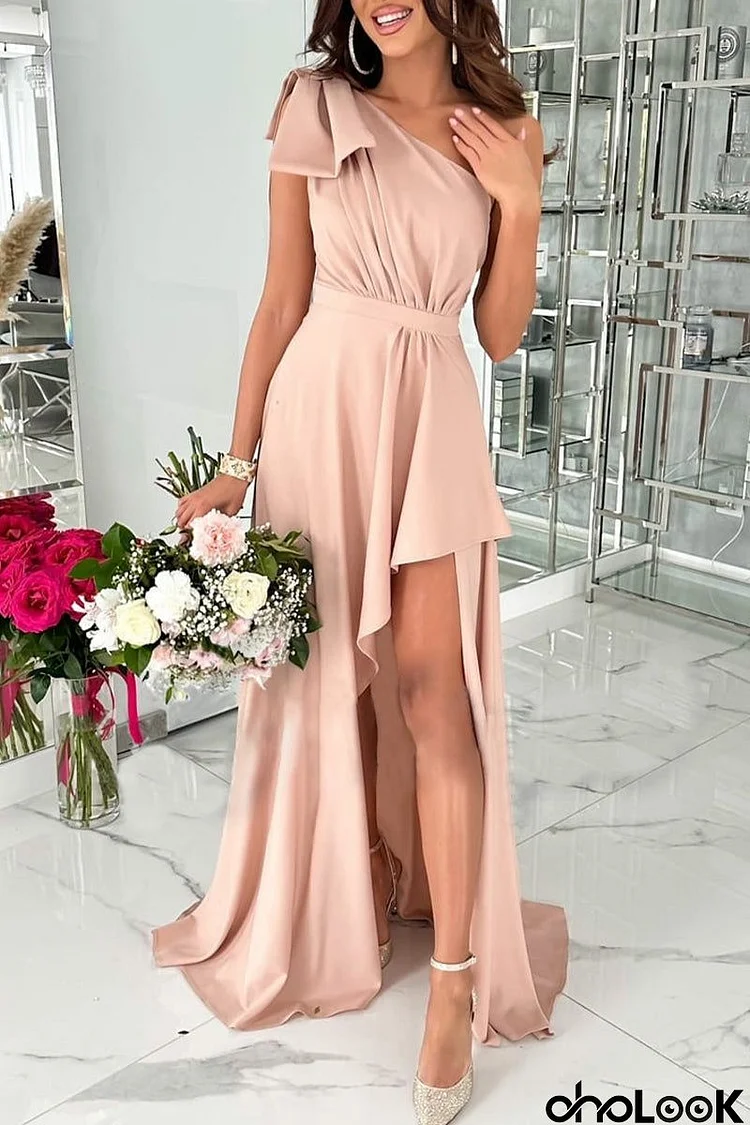 Elegant Formal Solid Backless Oblique Collar Evening Dress Dresses