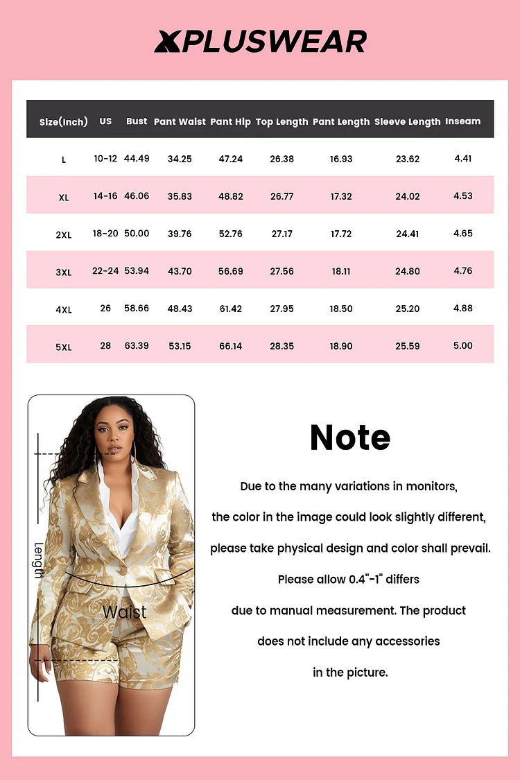 Xpluswear Design Plus Size Business Casual Gold Elegant All Over Print Turndown Collar Long Sleeve Pocket Two Piece Short Sets [Pre-Order]