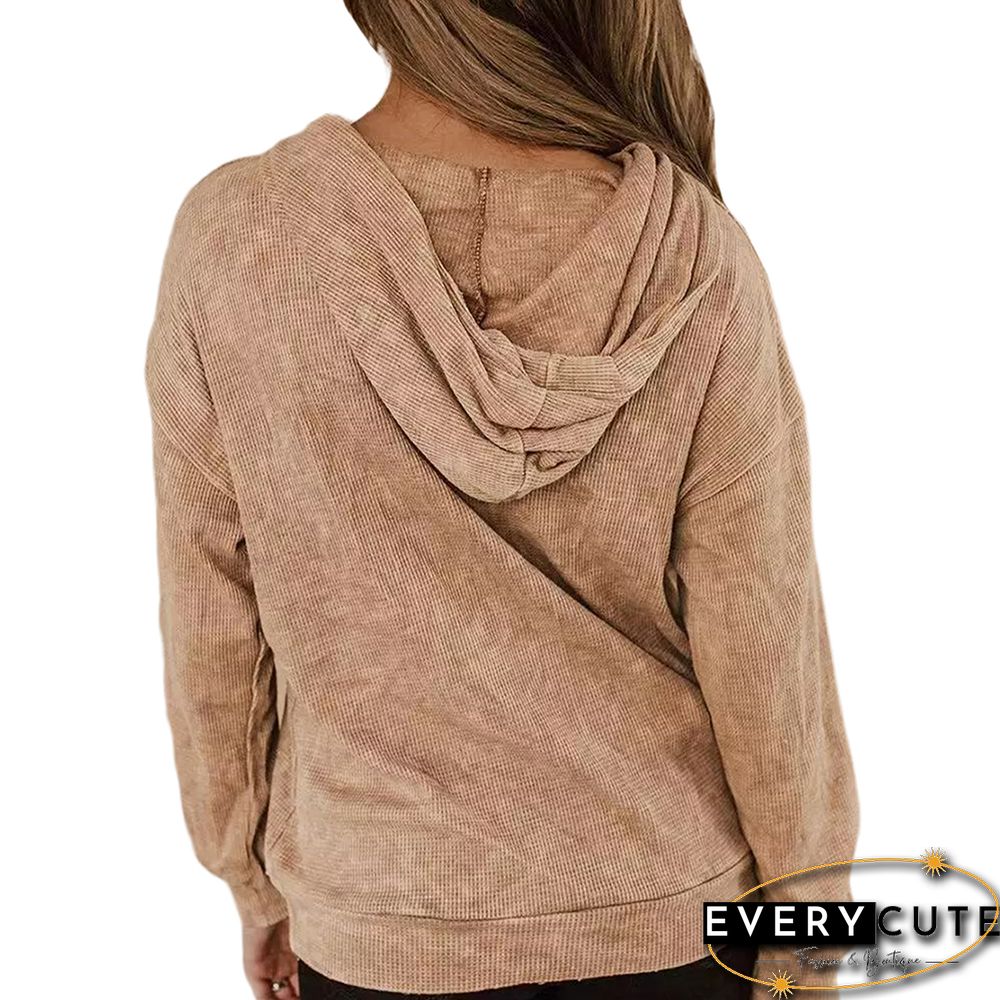 Khaki Waffle Drawstring Kangroo Hoodie