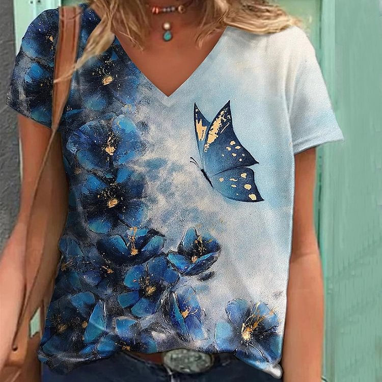 Casual Butterfly Print V Neck T-Shirt