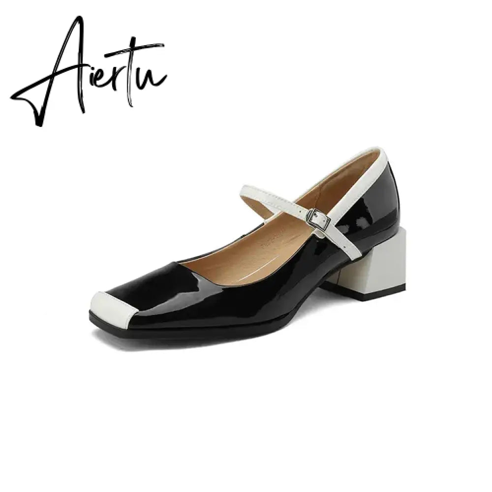 Aiertu  Spring/Autumn Women Shoes Square Toe Chunky Heel Mary Janes Mixed Color Women Pumps Patent Leather Shoes Fashion High Heels Aiertu