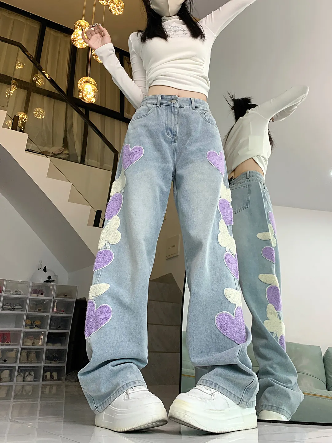 Babyhug Full Length  Denim Washed Jeans with Stretch Butterfly Embroidery - Light Blue main image 1