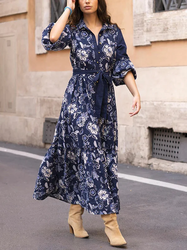 Lapel Tie With Vintage Print Midi Dress