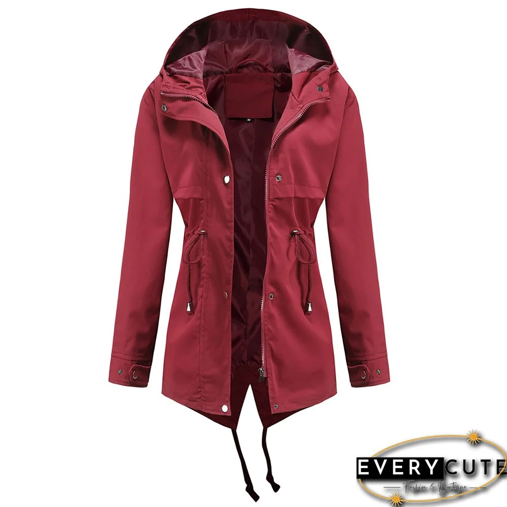 Wine Red Waist Drawstring Hooded Outdoor Rainproof Coat