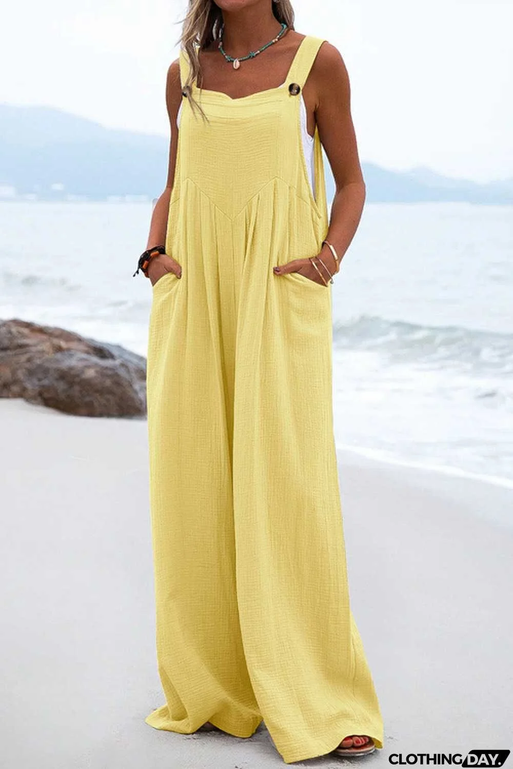 Solid Button Sling Wide-Leg Jumpsuit