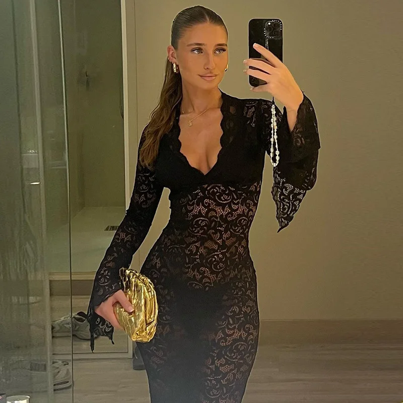 Women Flare Sleeve V Neck Lace Transparent Sexy Hollow Out Maxi Dress