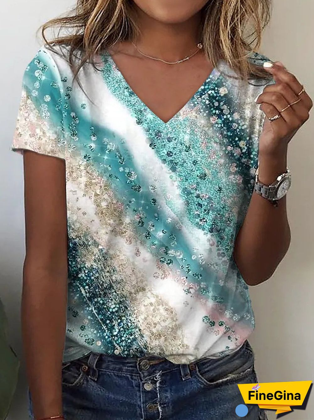 Women's Floral Printed Short Sleeve V-neck Top