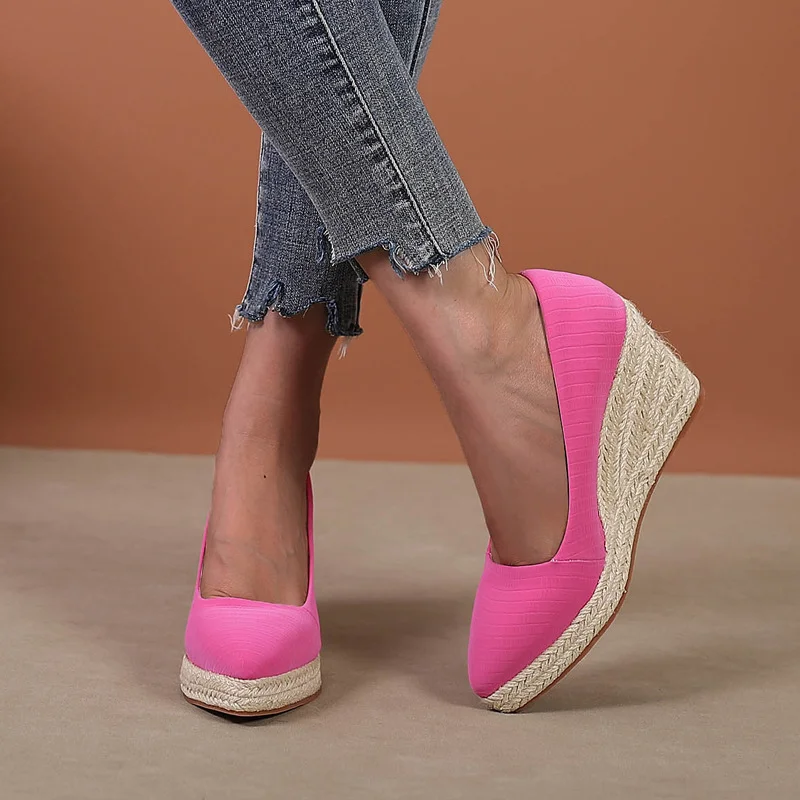 Wongn Wongn And Autumn Slope With Thick Platform High Heel Pointed Single Shoes Women Grass Hemp Rope Bottom