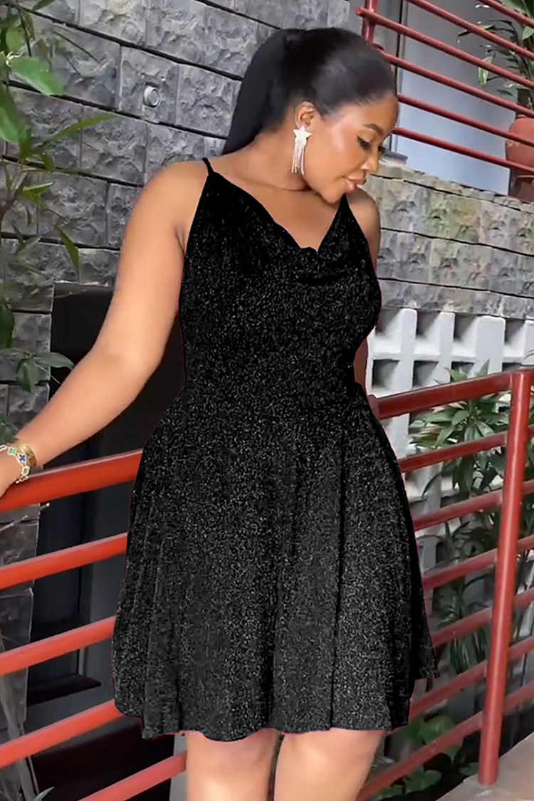 Cowl Neck A-Line Shimmering Slip Mini Dresses-Black