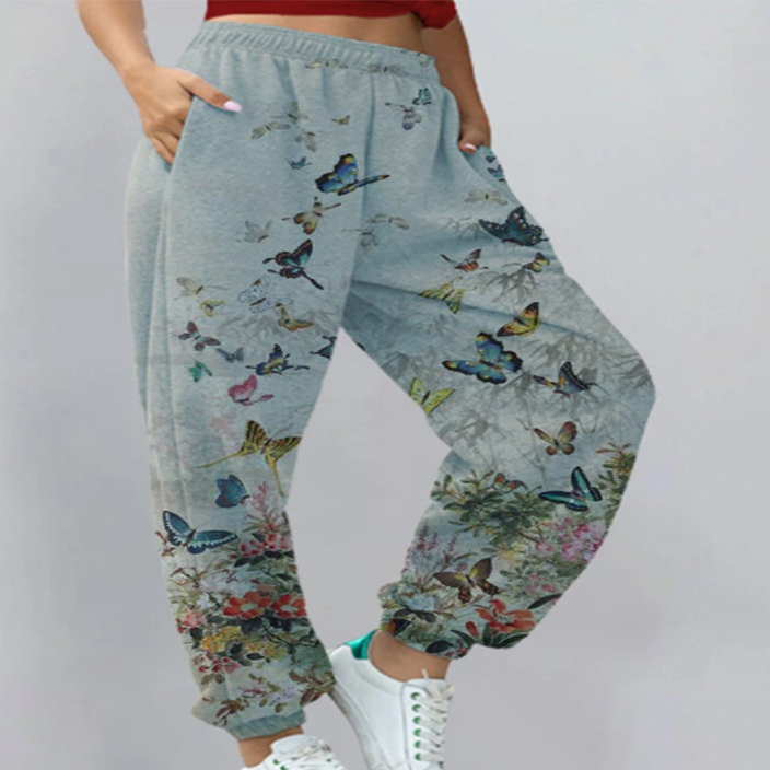 Butterfly Flower Print Slit Hem Pocket Harem Loose Pants