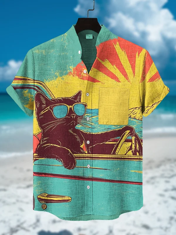 Men's Black Cat Driving Vacation Print Short Sleeve Shirt