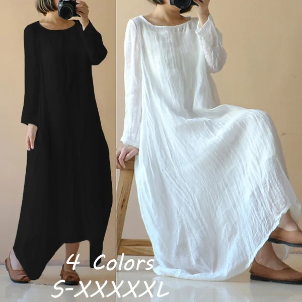 Womens Spring Light Comfy Cotton O Neck Solid Long Sleeve Long Shirt Dress Plus Size