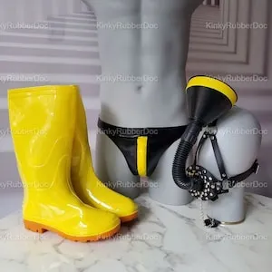 pornhint Pornhint Piss Play Fetish Set. Rubber Boots Latex jockstrap funnel leather mask Urophilia Pig Bondage BDSM Gay Kinky Fetish Golden Shower Panties Gag