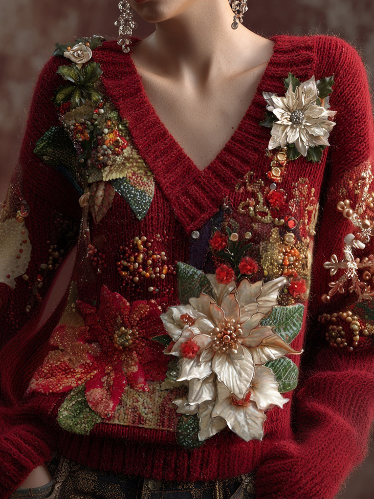 Comstylish Christmas Poinsettia Embroidered V Neck Cozy Sweater