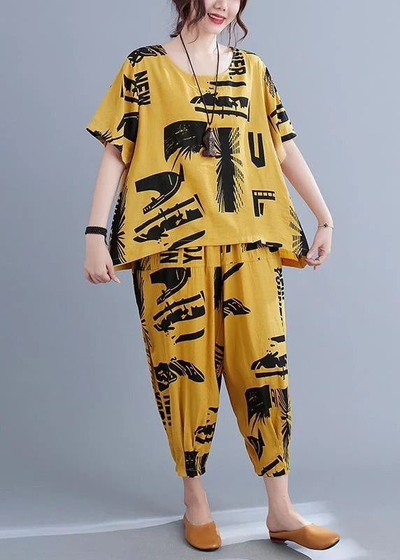Natural Yellow Print  Half Sleeve Summer Two Pieces Set