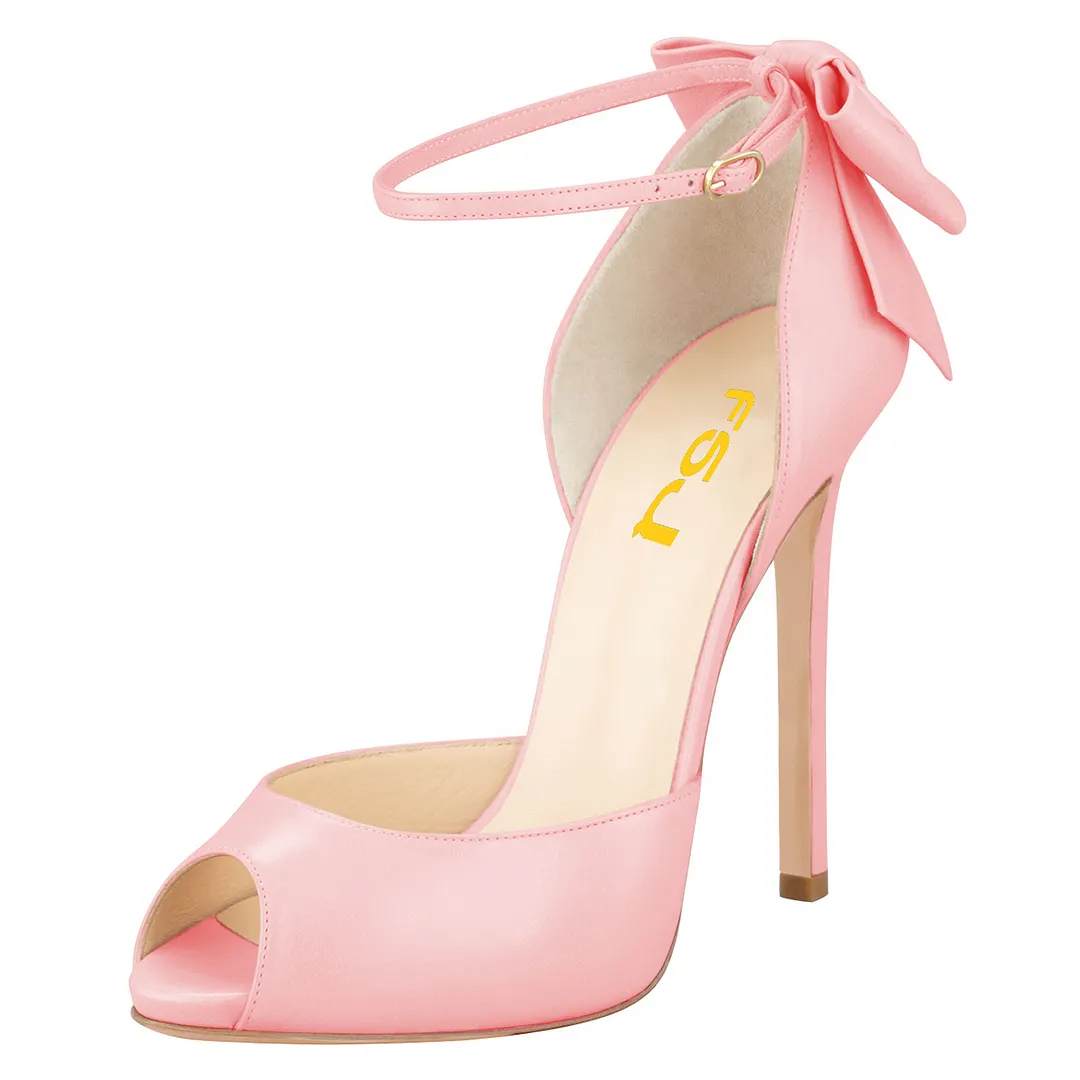 Women's Light Pink Vegan Leather Peep Toe Bow Inlay Ankle Strap Pumps