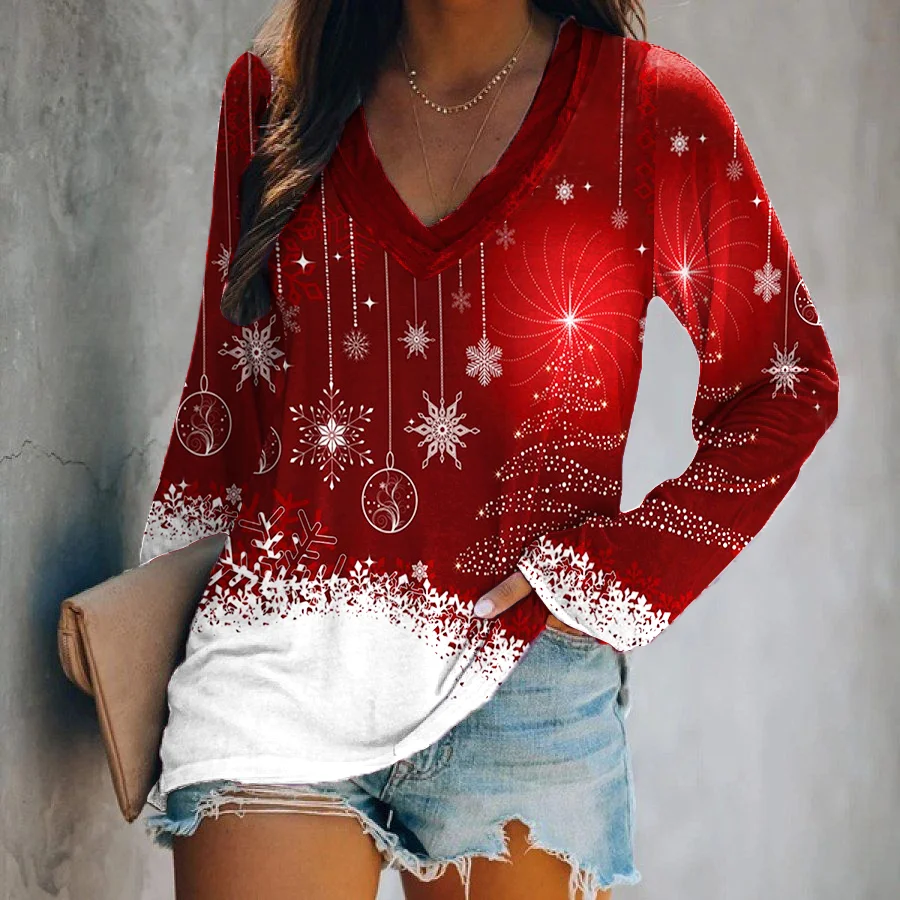 Christmas Decorative Snowflake Print V-neck Long Sleeve Tee