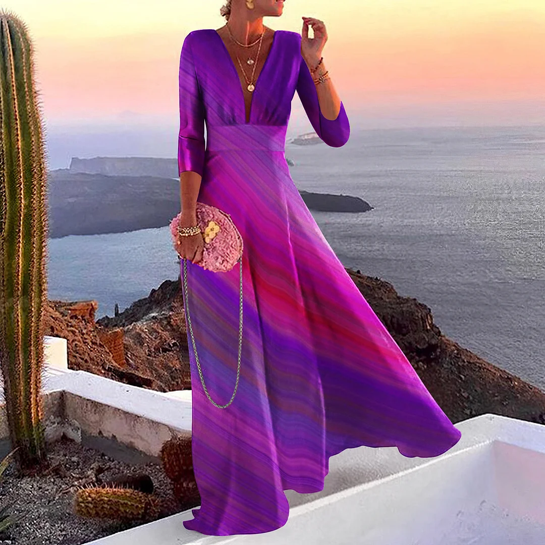 Elegant Gradient V-Neck A Swing Maxi Dress