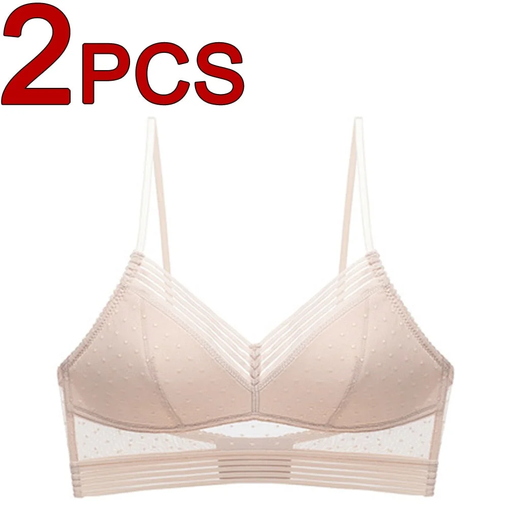 2PCS Sexy Seamless Bras Women Plus Size Underwear Thin Lace Mesh U Backless Bralette Top Comfort Wireless Invisible Bra Lingerie