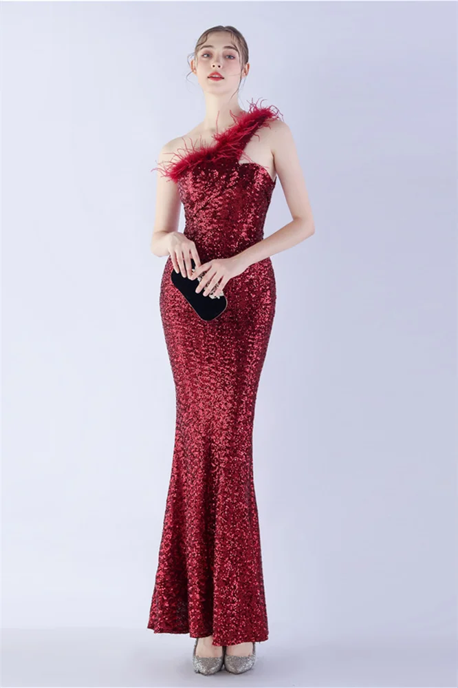 Bellasprom One Shoulder Sequins Evening Gown Mermaid With Feather Bellasprom