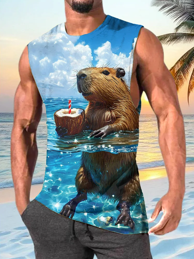 Men's Capybaras Drinking Coconut Juice On The Sea Art Print Tank Top