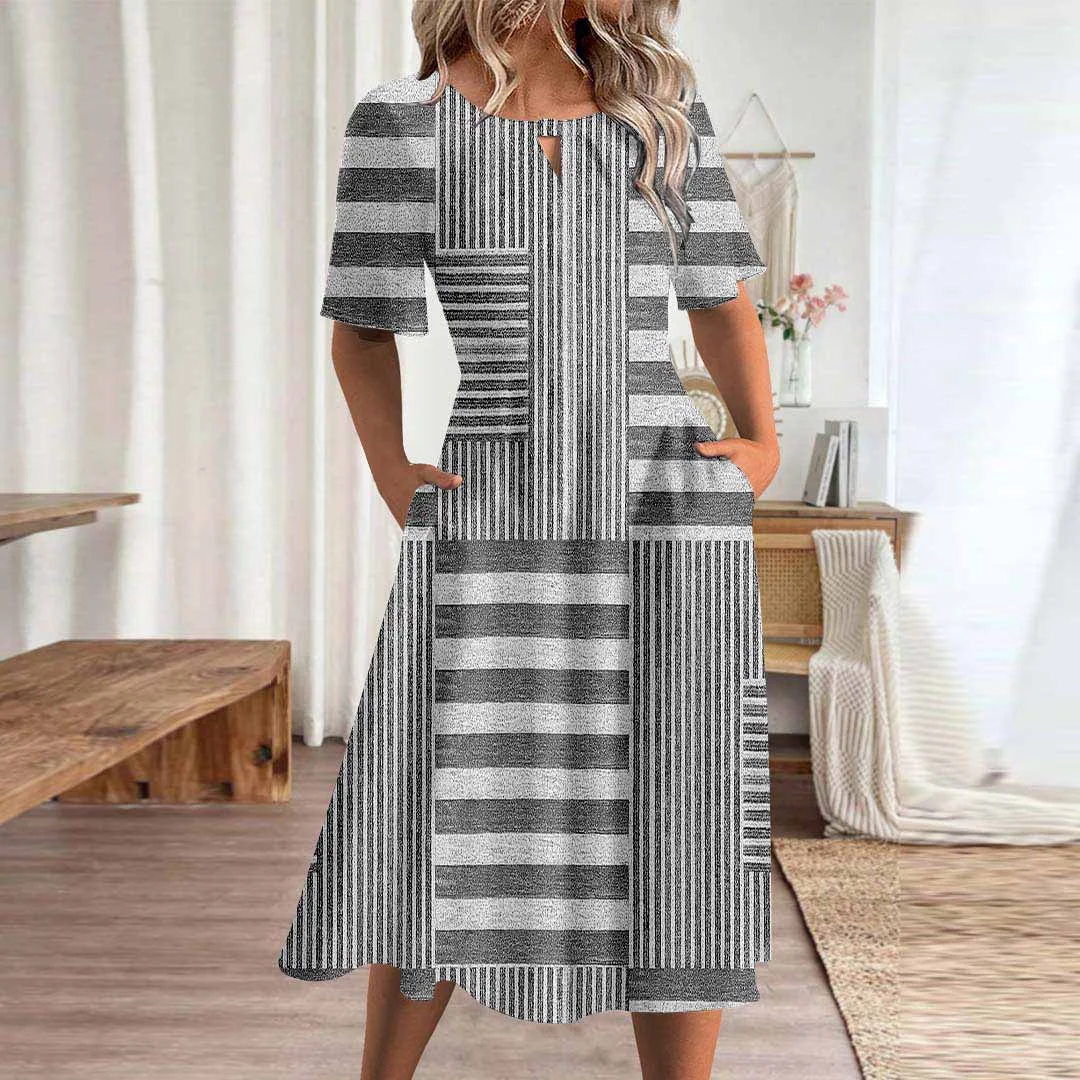 Women Striped,Gray DZHA8302 Short Sleeve Scoop Neck Graphic Printed Hollow Midi Dress