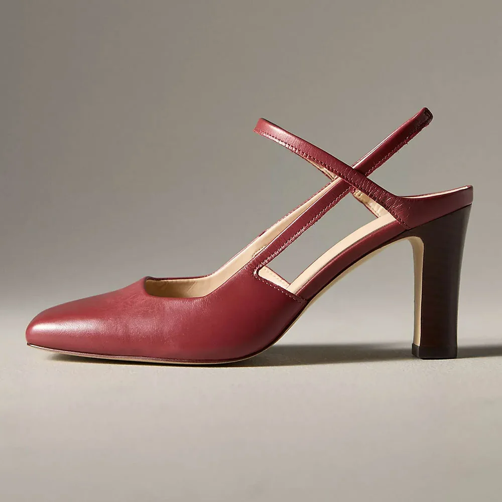 Maroon Square Toe Slingback Chunky High Heel Slip On Pumps Shoes
