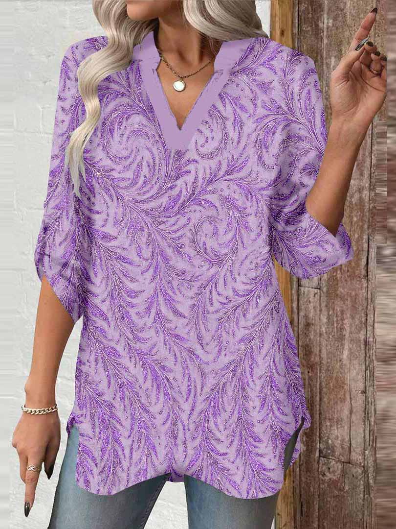 Women Texture, Purple DZGA0393 3/4 Sleeve V-neck Printed Graphic Button Tops