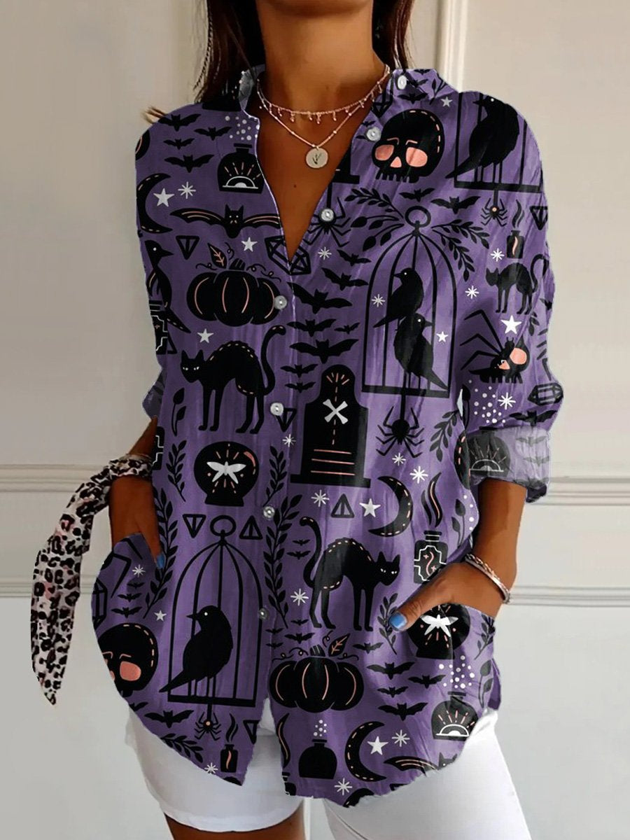 Women's  Halloween  Art  Print Casual Cotton Shirt