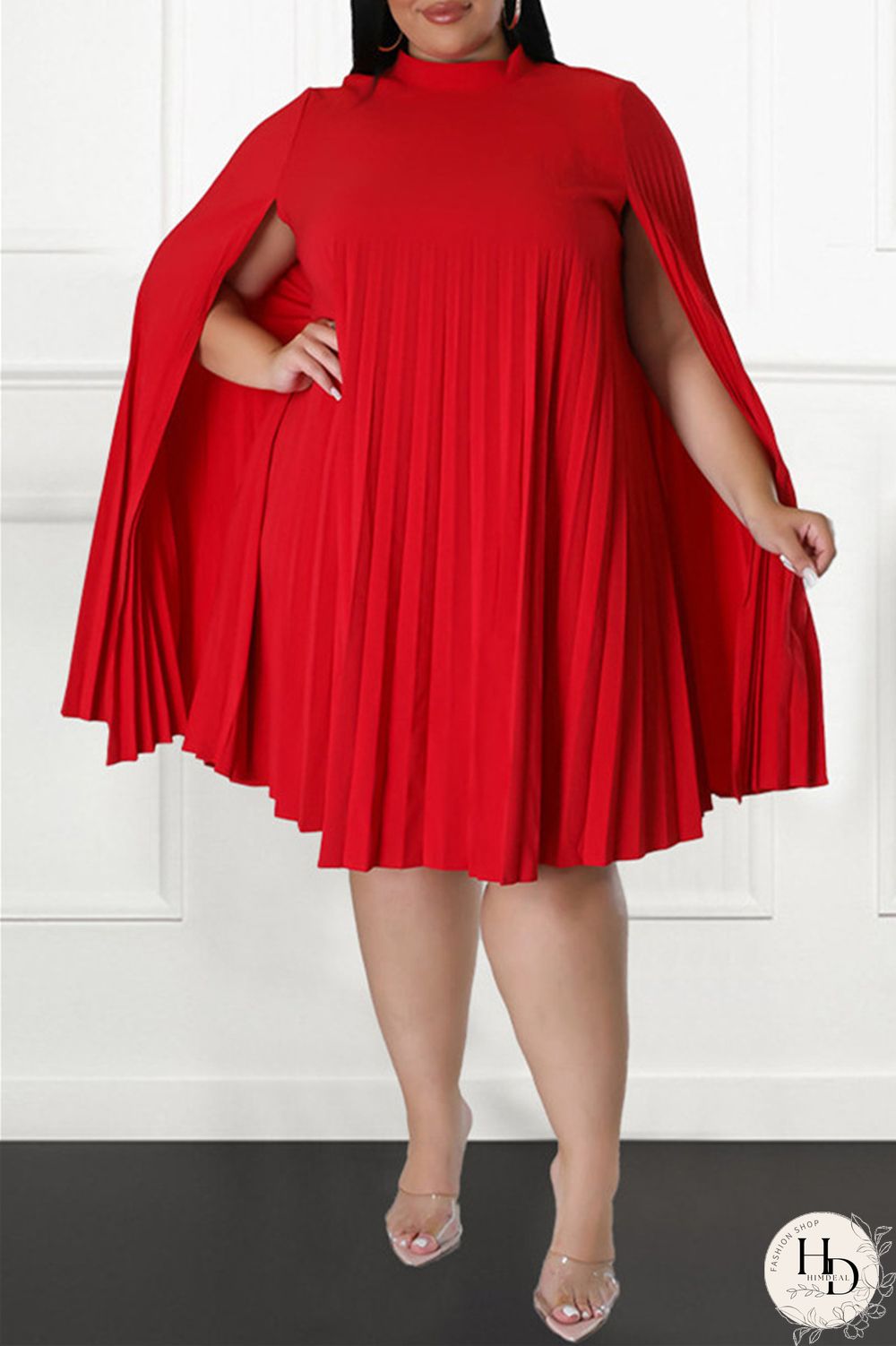 Red Casual Solid Patchwork Fold Half A Turtleneck Plus Size Dresses