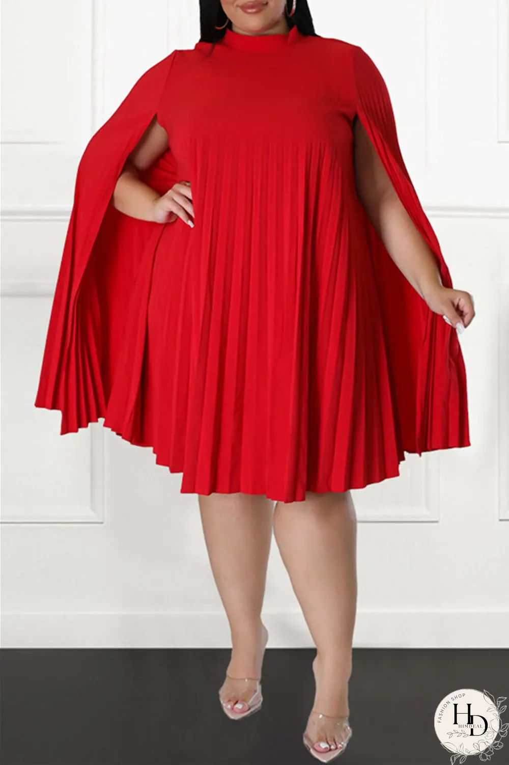 Red Casual Solid Patchwork Fold Half A Turtleneck Plus Size Dresses