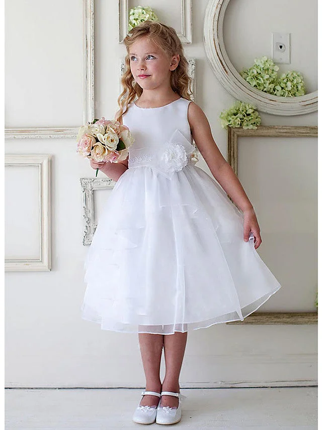 Daisda A-Line Knee Length Sleeveless Jewel Neck Flower Girl Dress Satin Tulle With Appliques Ruching
