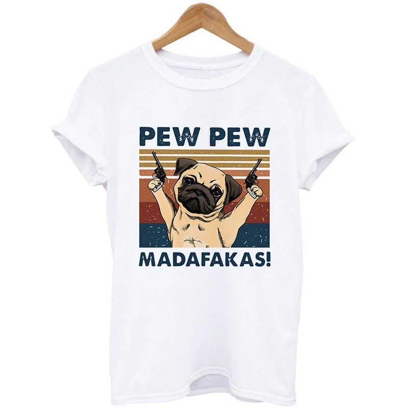 Murderous Black Cat With Gun Funny White T Shirt Pew Pew Madafakas Print Oversized T-shirt Women Short Sleeve Top Female Tshirt