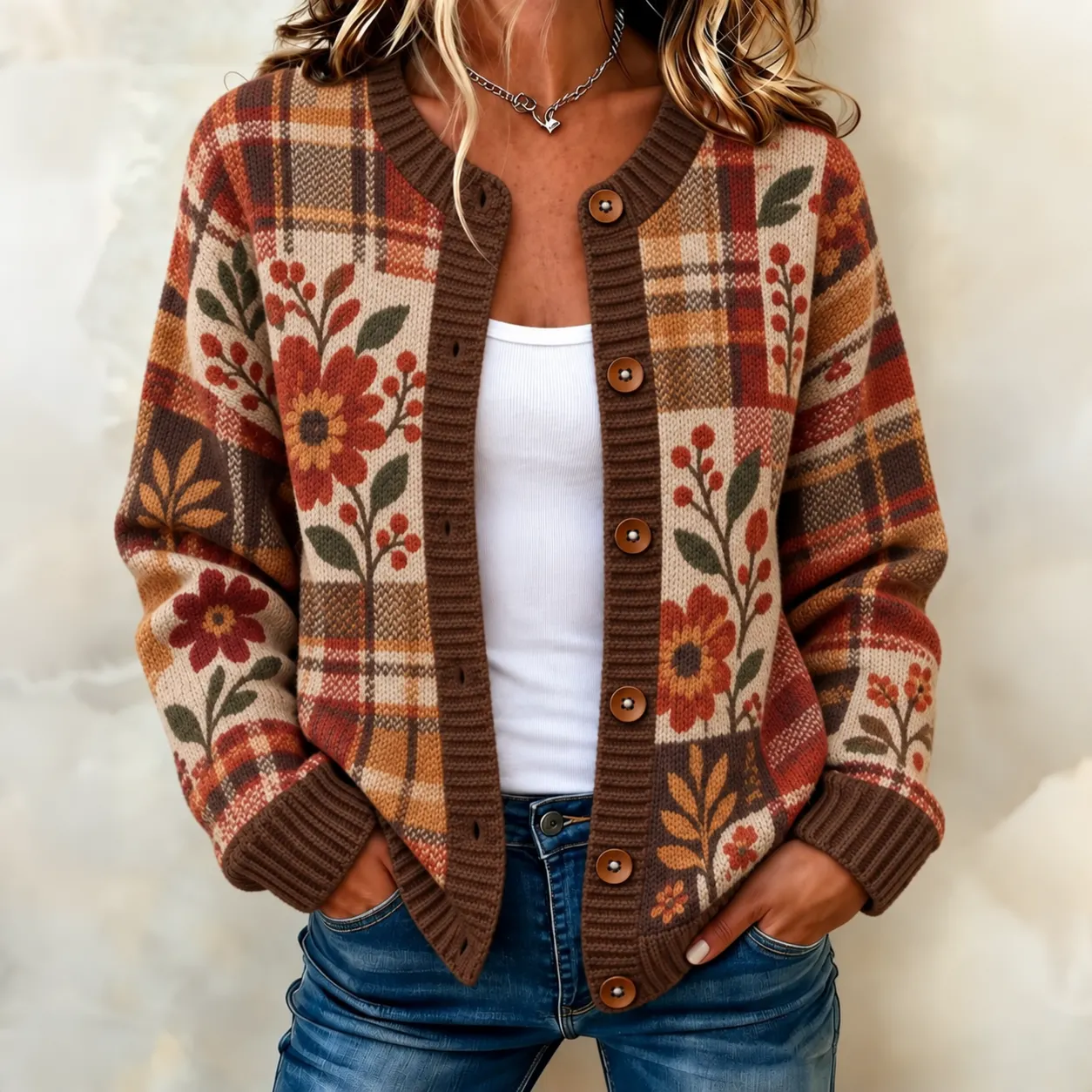 Comstylish Women's Vintage Plaid Floral Button Knit Cardigan