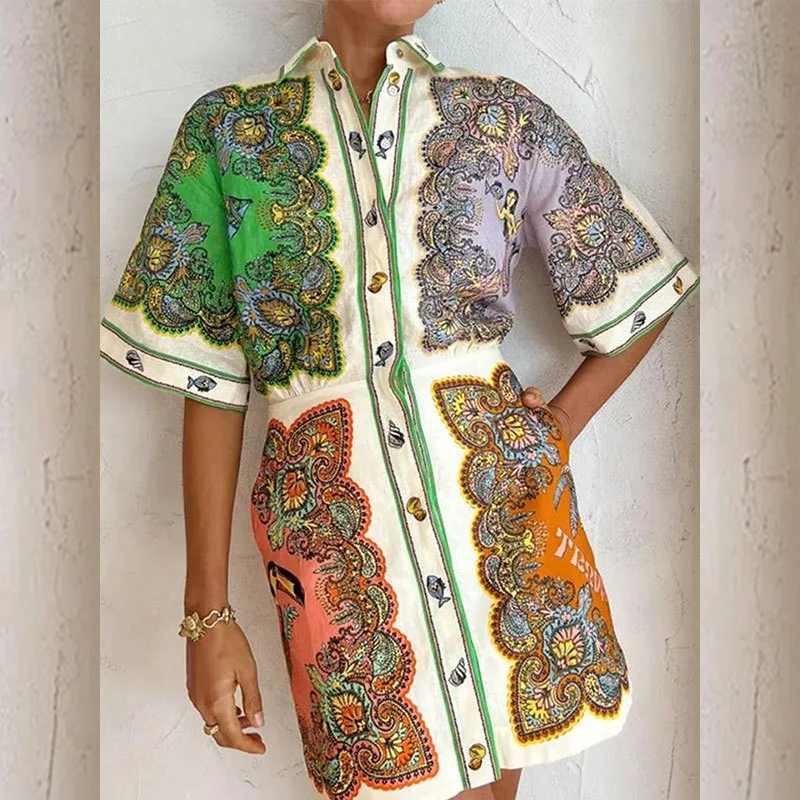Brownm Brownm New Women's Lapel Single Breasted Long Sleeve Temperament Print Winter Dress Women