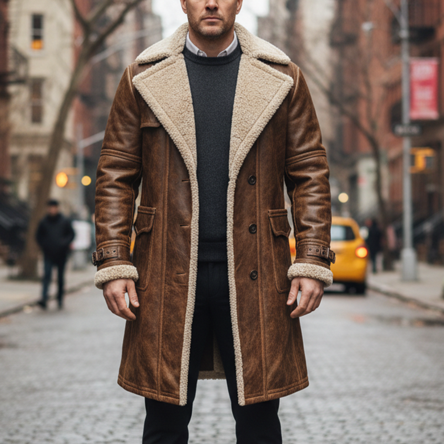 Men's Vintage Brown Leather Coat With Faux Fur Lining
